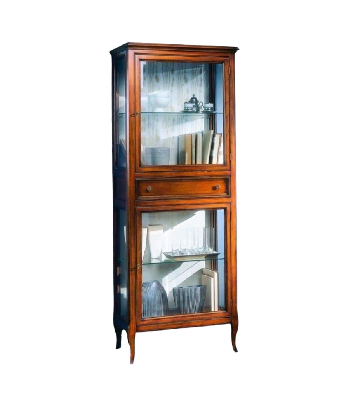 MOBILI 2G - VETRINA CLASSICA IN LEGNO 2 PORTE 1 CASSETTO FINITURA BASSANO L.70 P.40 H.175