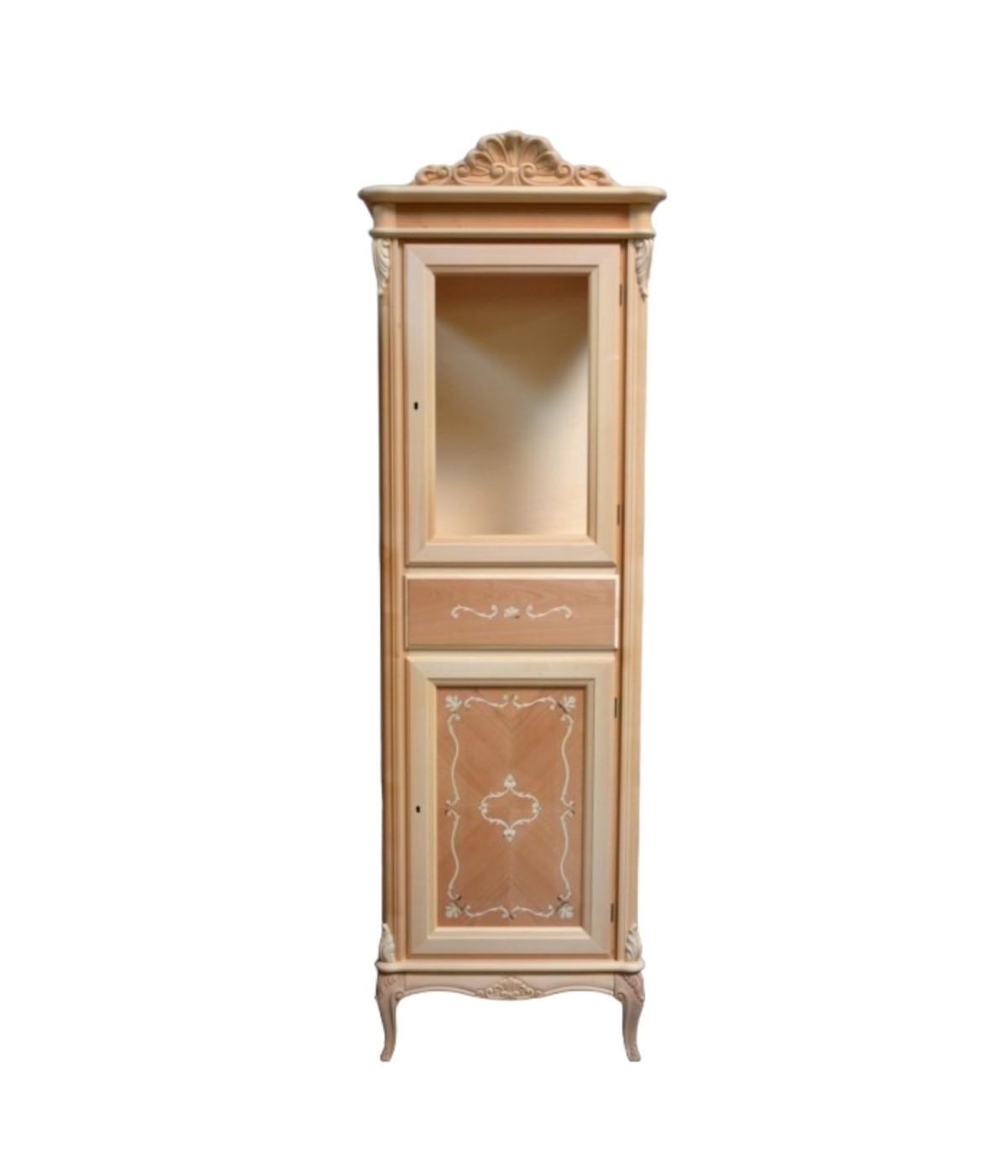 MOBILI 2G - VETRINA CLASSICA 2 PORTE 1 CASSETTO IN LEGNO GREZZO L.61 P.41 H.190