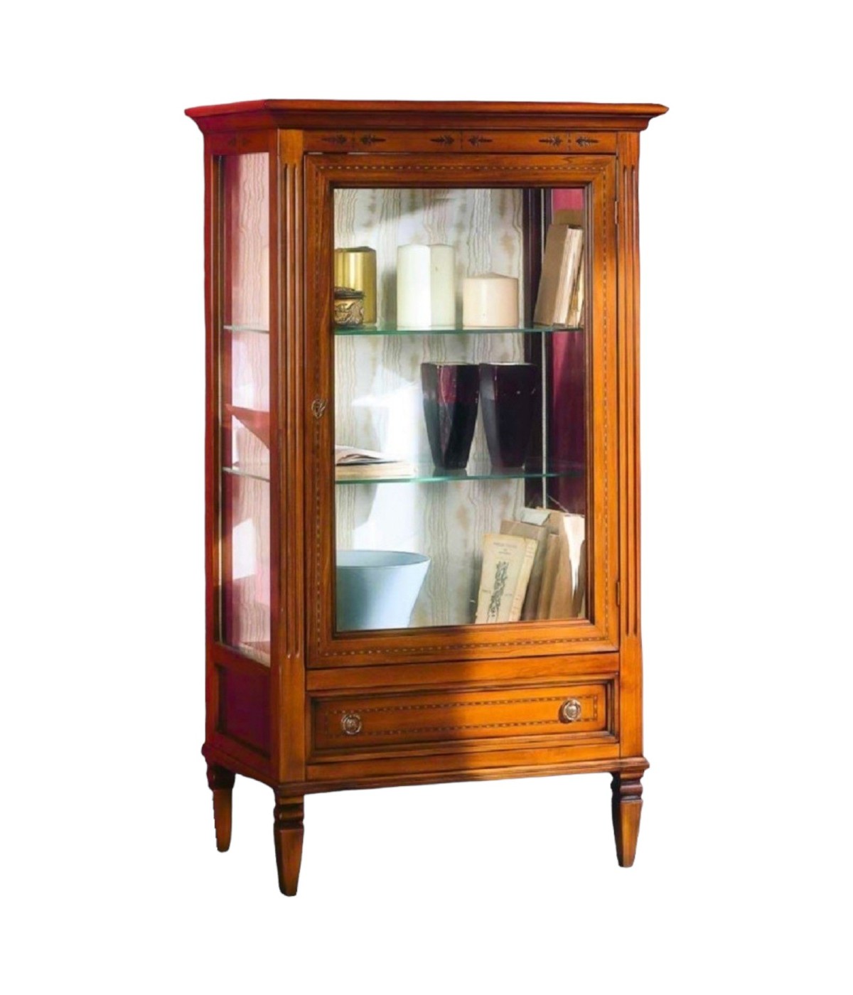 MOBILI 2G - VETRINA CLASSICA IN LEGNO 1 PORTA 1 CASSETTO FINITURA BASSANO L.75 P.43 H.135