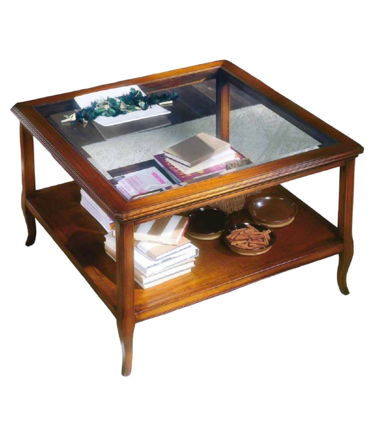 MOBILI 2G - TAVOLINO CLASSICO VETRO E LEGNO FINITURA BASSANO L.90 P.90 H.55