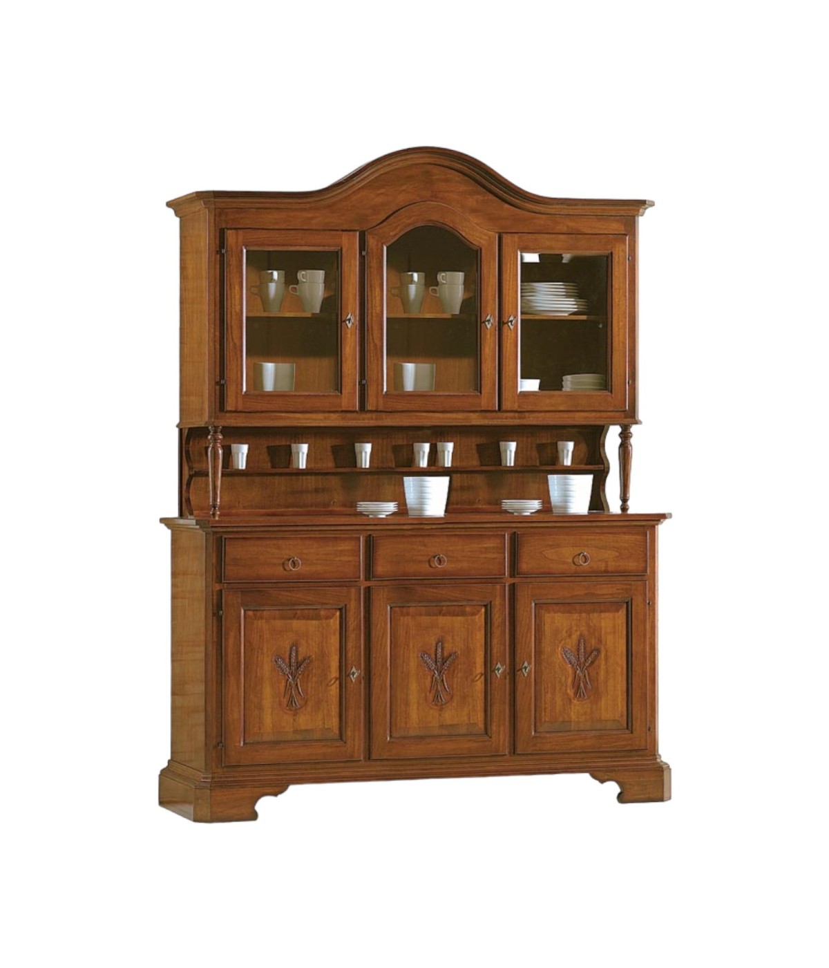 MOBILI 2G - CRISTALLIERA 3 PORTE CLASSICA SAGOMATA SPIGA LEGNO TINTA NOCE 163X49X228