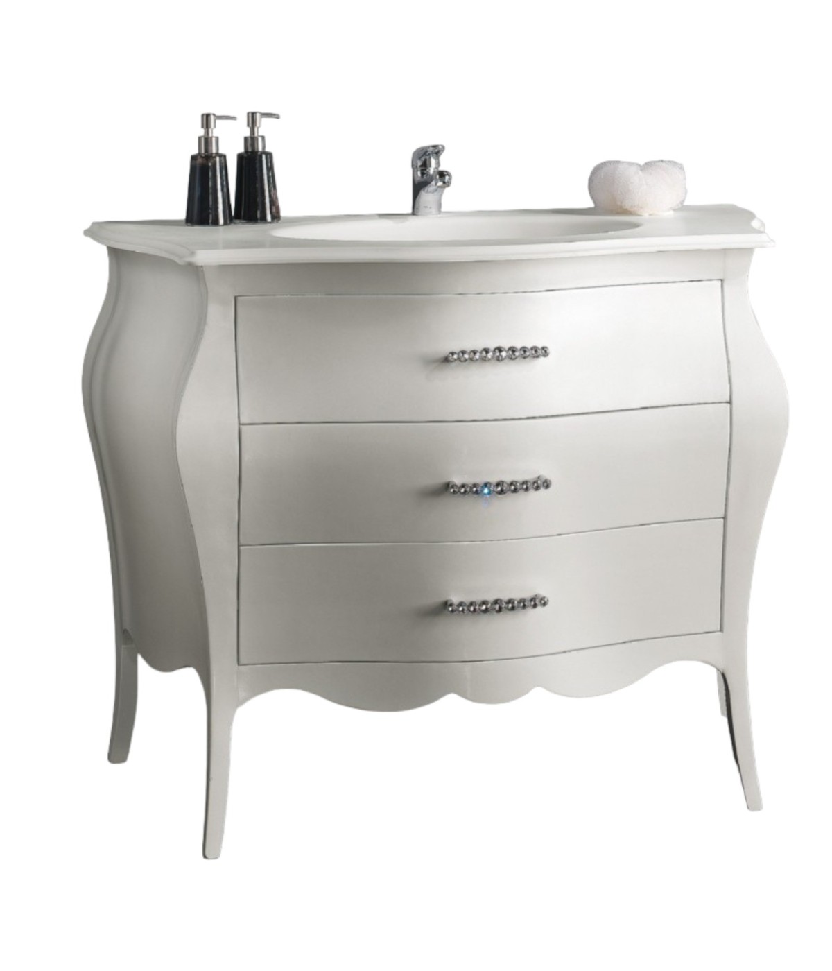 MOBILI 2G - Mobile bagno 3 cassetti bombato bianco shabby 108x55x82 vista frontale