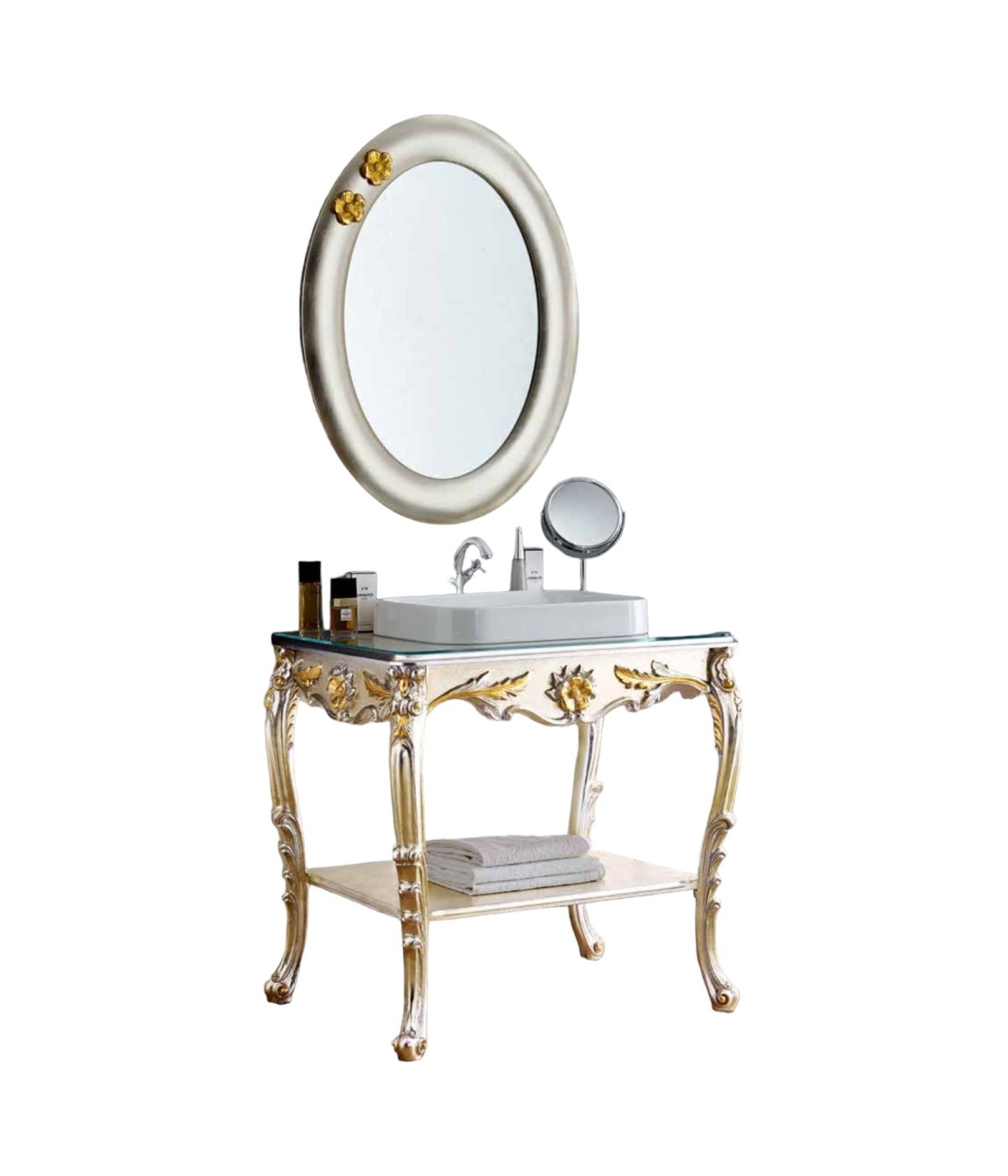 MOBILI 2G - mobile bagno barocca in foglia argento platino con particolari foglia oro MISURA : l. 85 x h. 85 x p.58