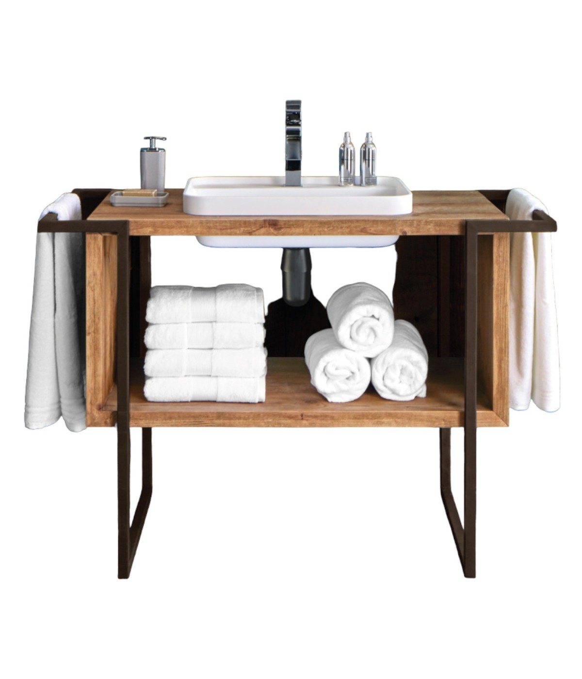 MOBILI 2G - MOBILE BAGNO INDUSTRIAL CORTINA IN LEGNO MASSELLO DI ABETE 120X56X83