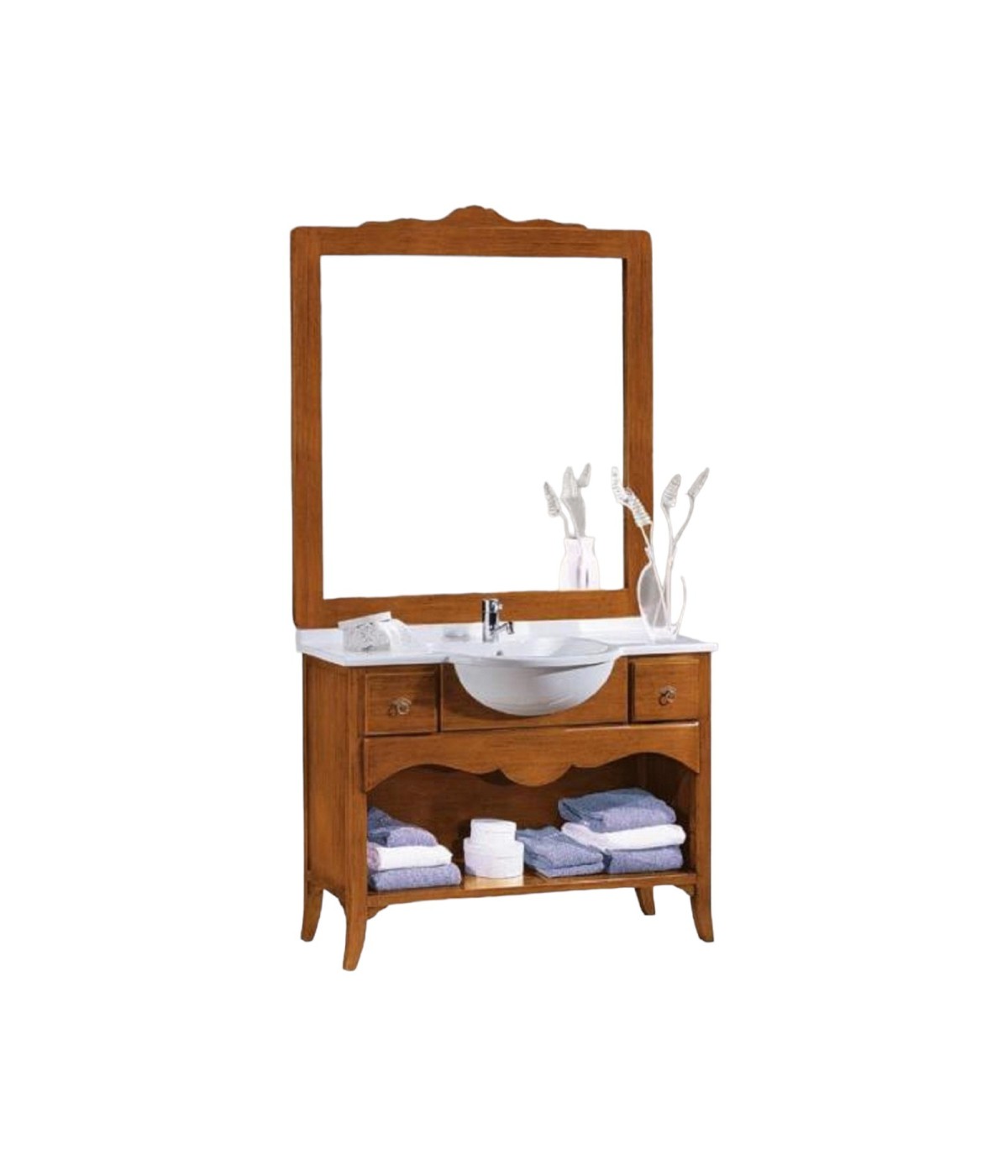 MOBILI 2G - MOBILE BAGNO 108 CM IN LEGNO LAVABO 2 CASSETTI E SPECCHIO