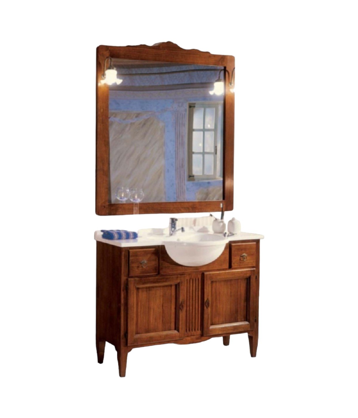 MOBILI 2G - MOBILE BAGNO 108 CM IN LEGNO LAVABO 2 CASSETTI 2 PORTE E SPECCHIO