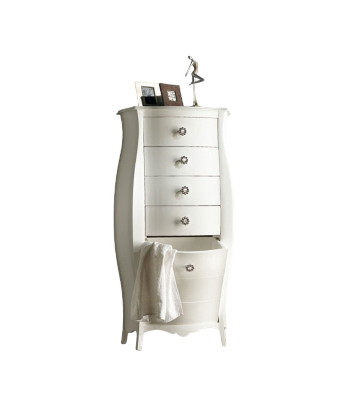 MOBILI 2G - CASSETTIERA BOMBATA LEGNO BIANCO 4 CASSETTI E RIBALTA 73x37x141 vista laterale