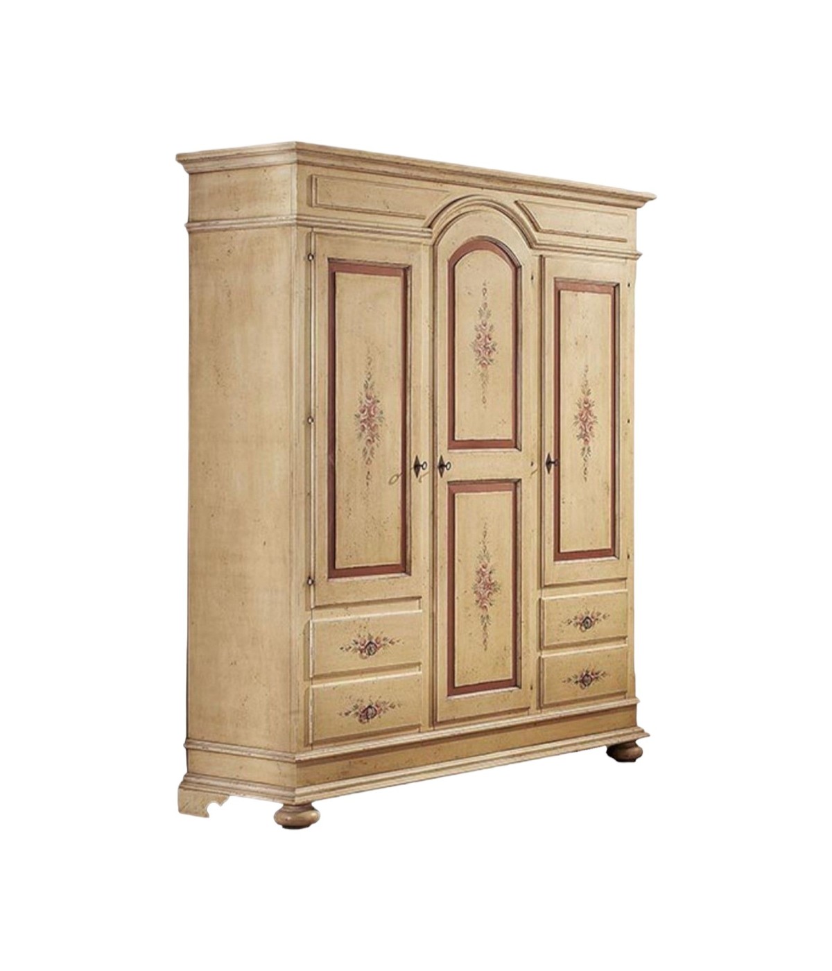 MOBILI 2G - ARMADIO 3 PORTE ARTE POVERA IN LEGNO AVORIO E ROSSO ANTICATO 184X60X223