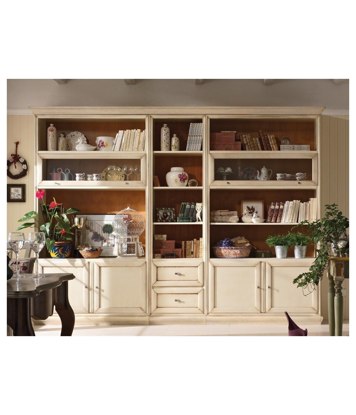 MOBILI 2G - LIBRERIA PORTA TV CLASSICA IN LEGNO SHABBY 310X45X224