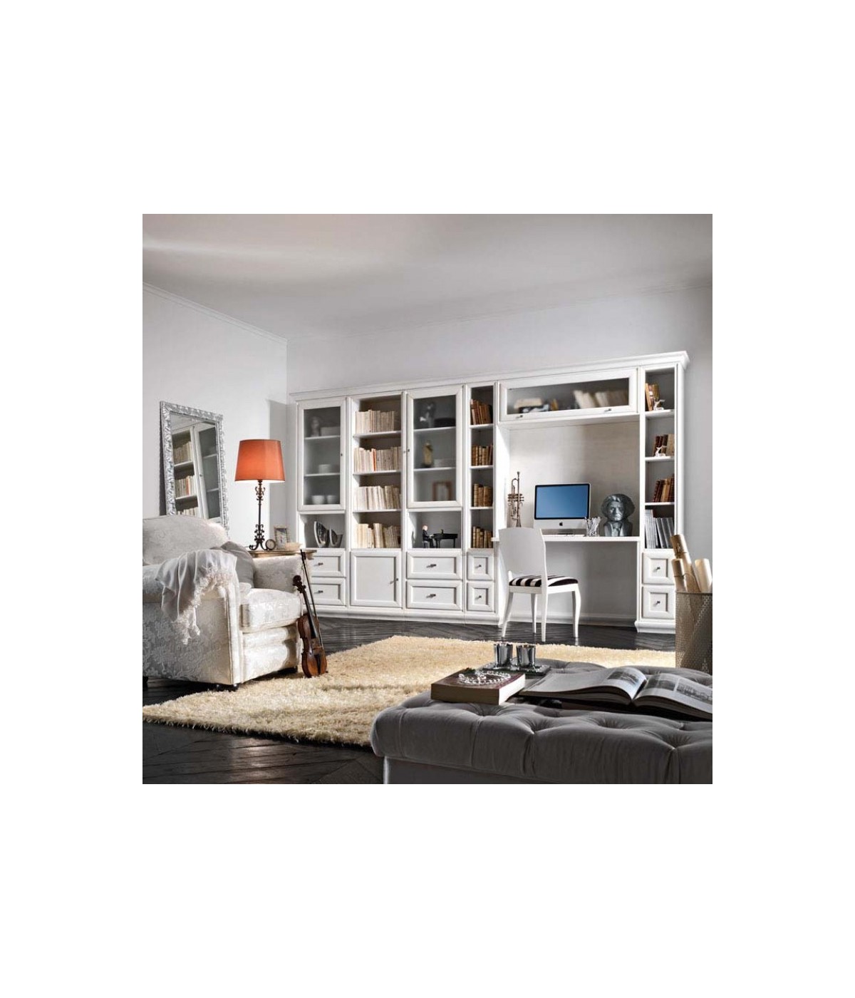 MOBILI 2G - PARETE LIBRERIA STUDIO CLASSICA IN LEGNO SHABBY 370X57X224