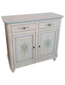 MOBILI 2G - MADIA CREDENZA 2 PORTE BIANCO INVECCHIATO DECORI AZZURRO 104x43x98