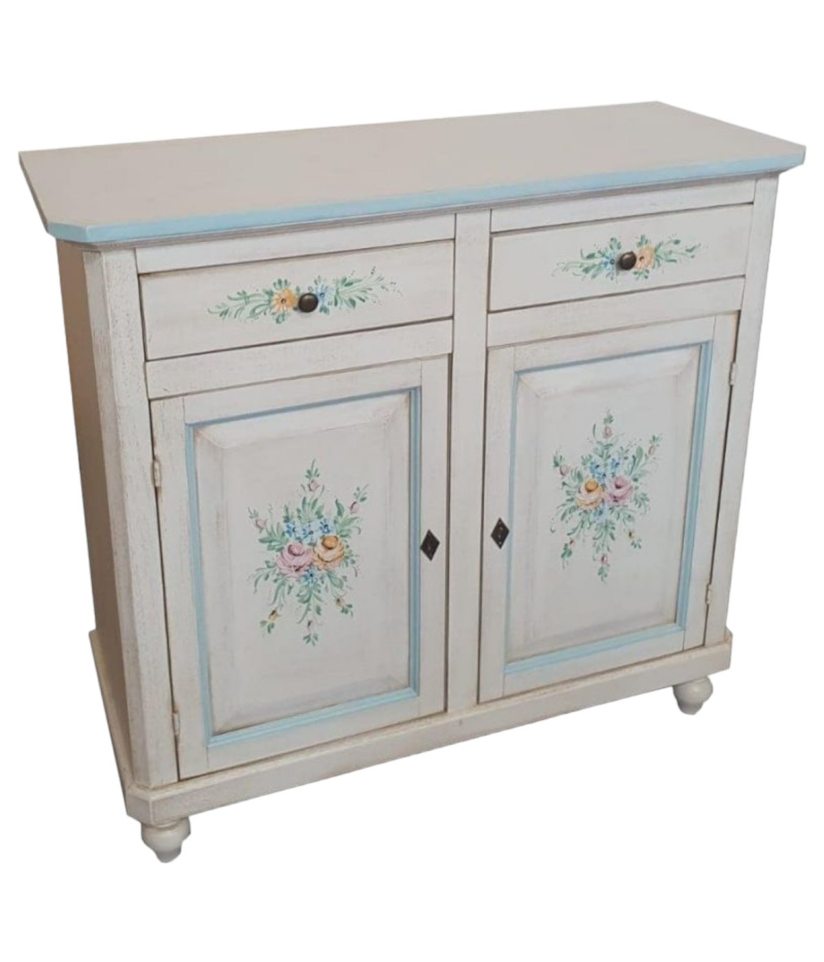 MOBILI 2G - MADIA CREDENZA 2 PORTE BIANCO INVECCHIATO DECORI AZZURRO 104x43x98