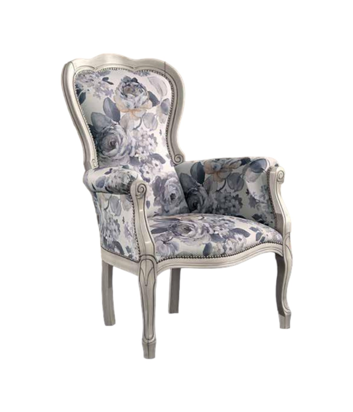 MOBILI 2G - POLTRONA SHABBY IMBOTTITA IN LEGNO MASSELLO INTAGLIATA CON FREGI