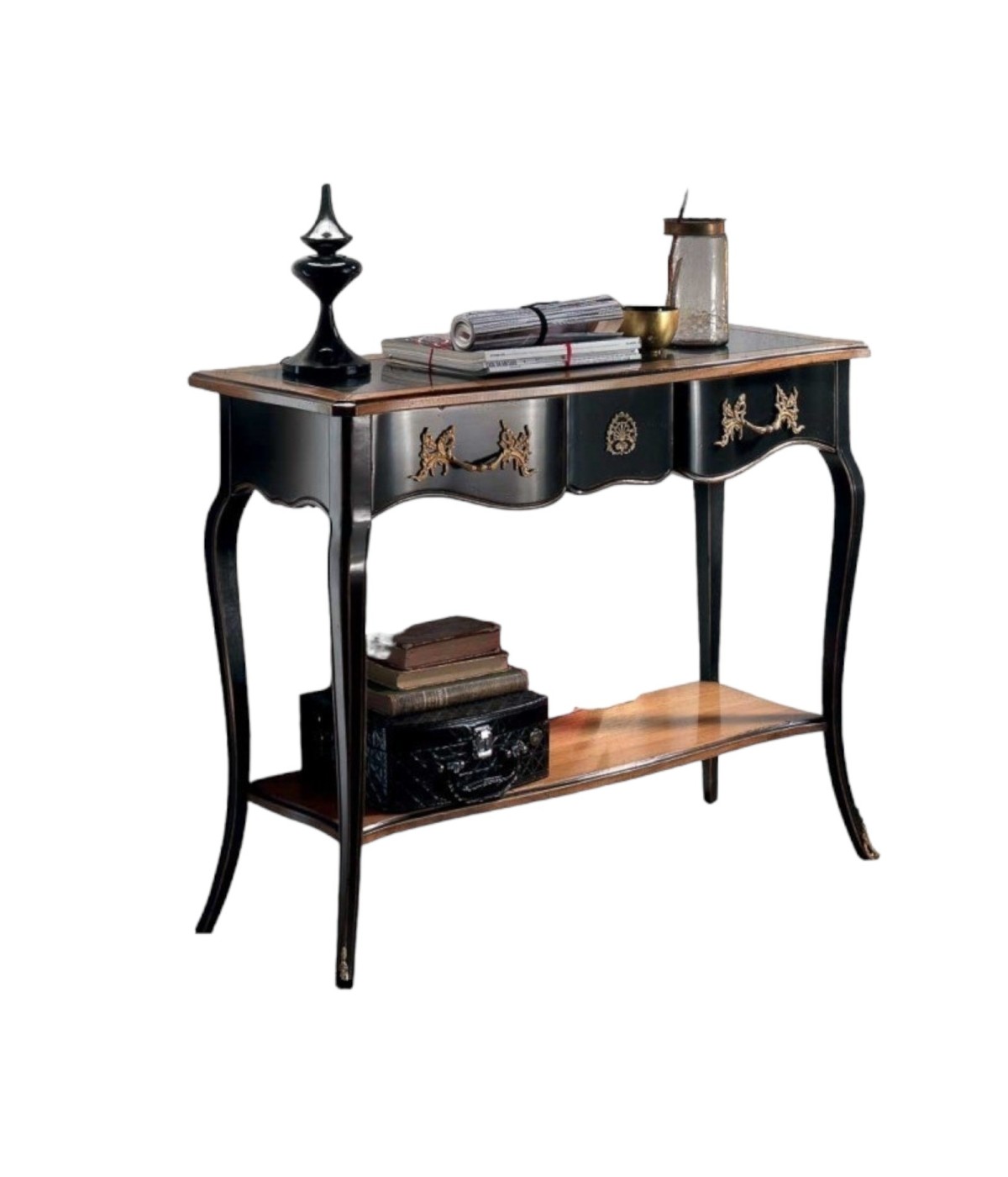 MOBILI 2G - CONSOLLE 700' CLASSICA IN LEGNO SHABBY NERO/ORO 100X36x78