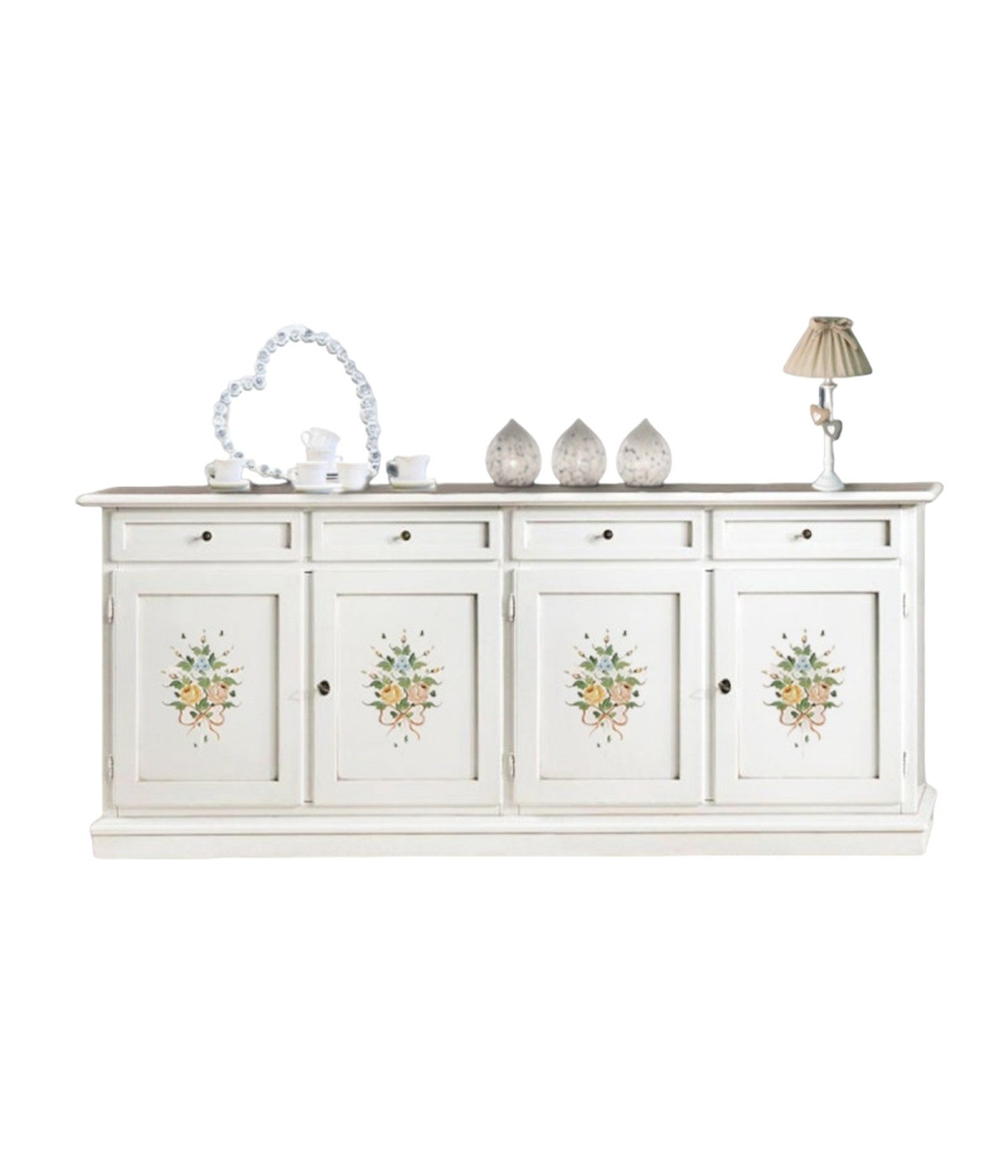MOBILI 2G - CREDENZA ARTE POVERA 4 PORTE LEGNO BIANCO DECORI 205X42X86