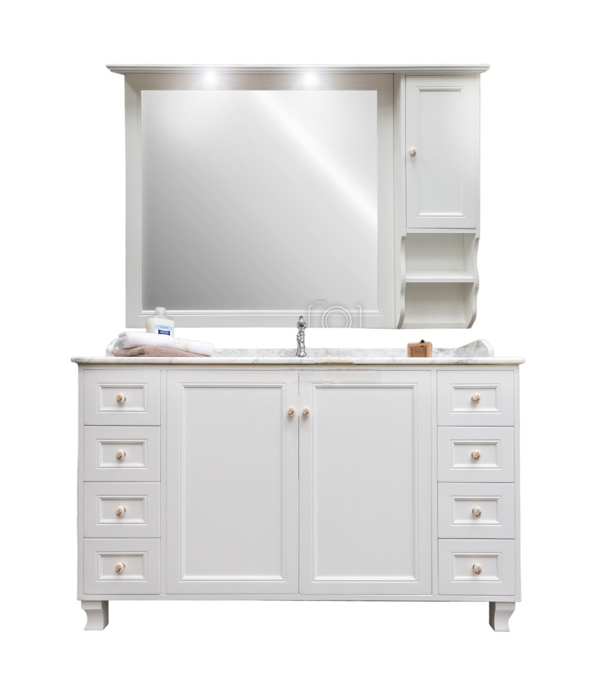 MOBILI 2G - MOBILE BAGNO COMPLETO IN LEGNO MARMO BIANCO SHABBY L.160 P.60 VISTA FRONTALE