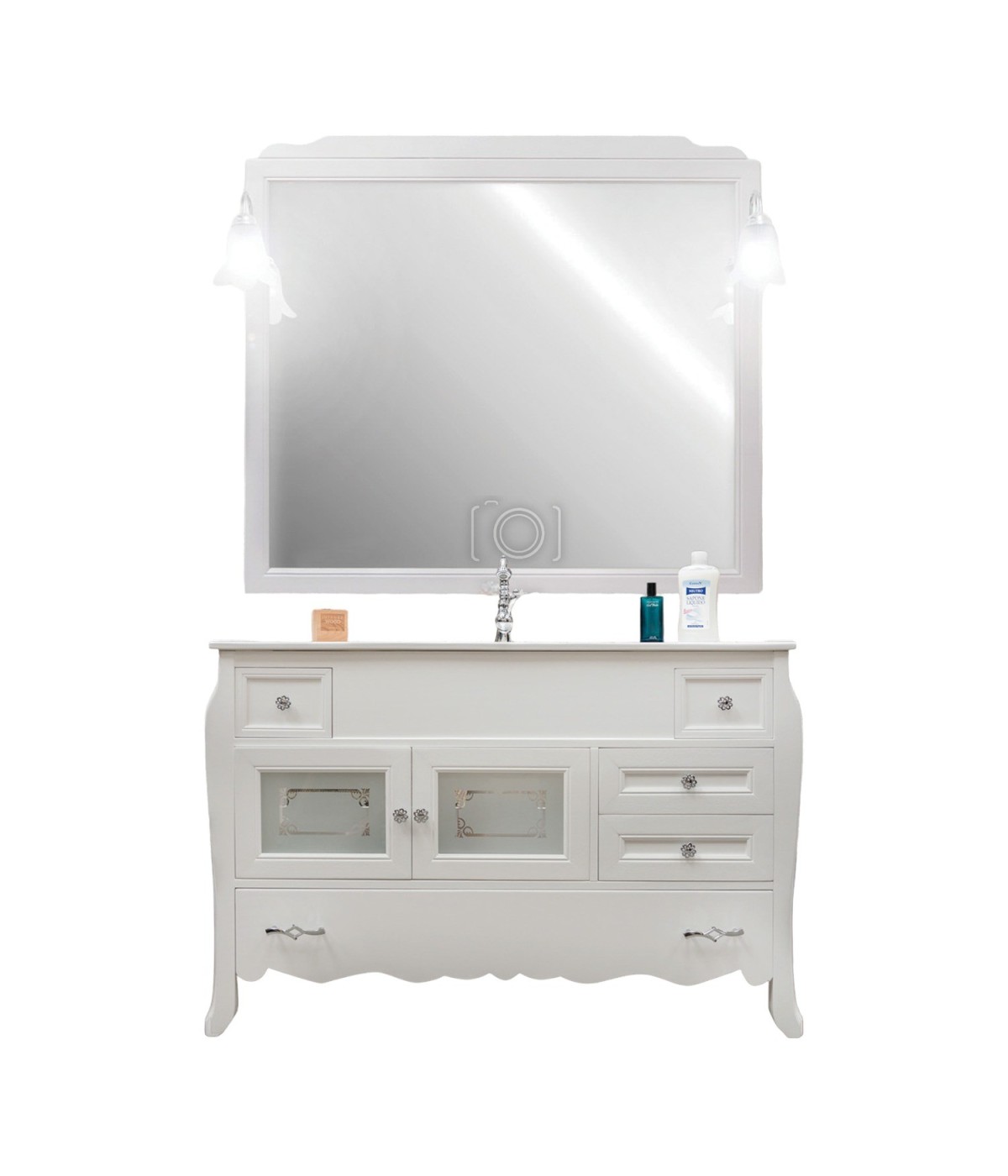MOBILI 2G - MOBILE BAGNO COMPLETO IN LEGNO TOP CERAMICA SHABBY L.123 P.46 VISTA FRONTALE