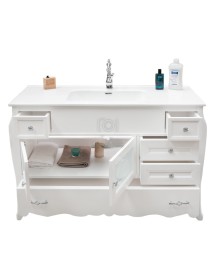 MOBILI 2G - MOBILE BAGNO COMPLETO IN LEGNO TOP CERAMICA SHABBY L.123 P.46 VISTA APERTURA CASSETTI