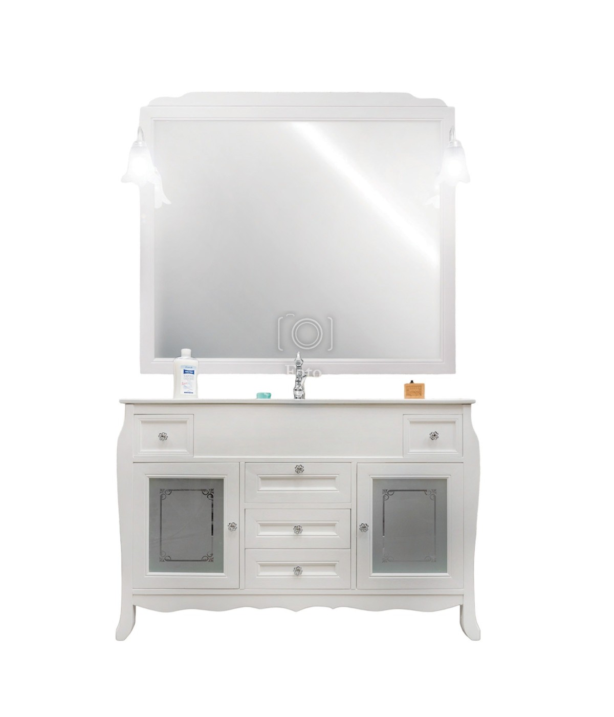 MOBILI 2G - MOBILE BAGNO COMPLETO IN LEGNO TOP CERAMICA SHABBY L.123 P.46 VISTA FRONTALE