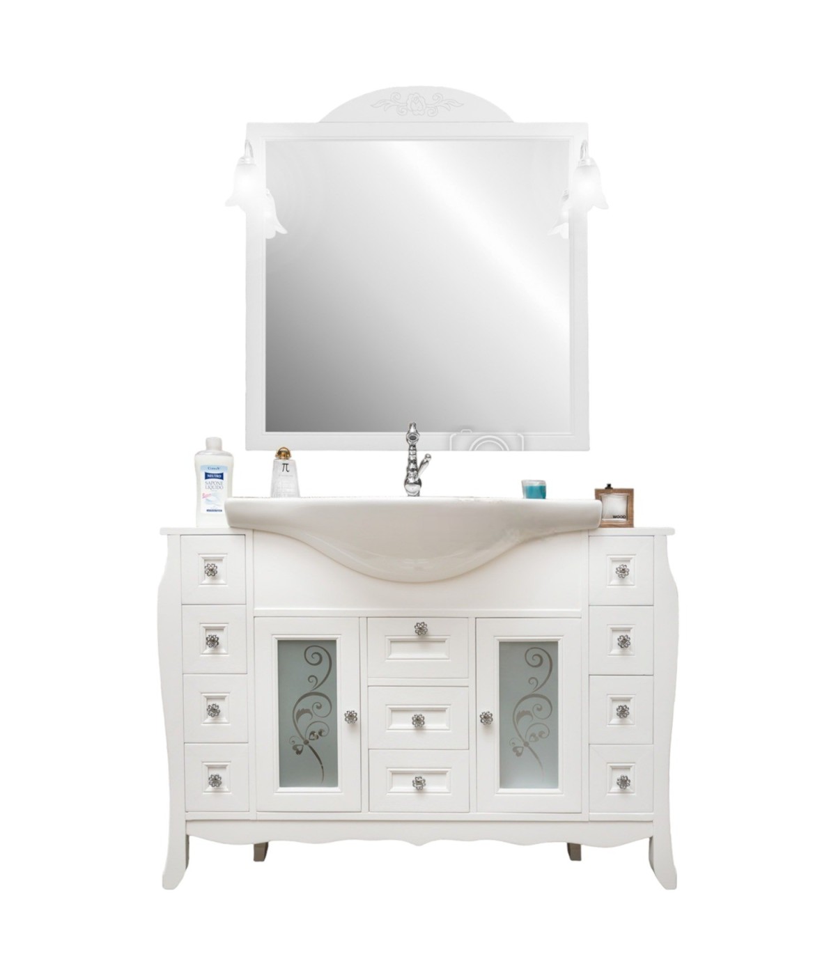 MOBILI 2G - MOBILE BAGNO COMPLETO IN LEGNO LAVABO CERAMICA SHABBY L.123 P.46 VISTA FRONTALE