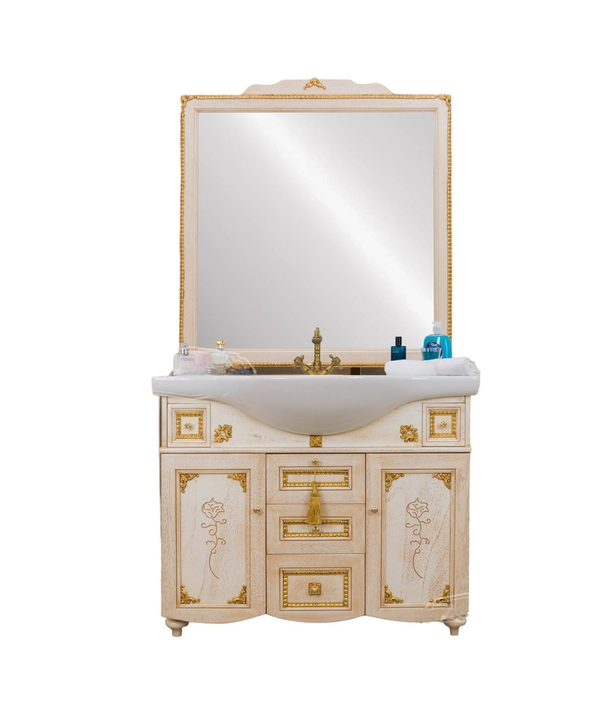 MOBILI 2G - MOBILE BAGNO LEGNO BAROCCO DECAPE' ORO L.105 P.50 VISTA FRONTALE