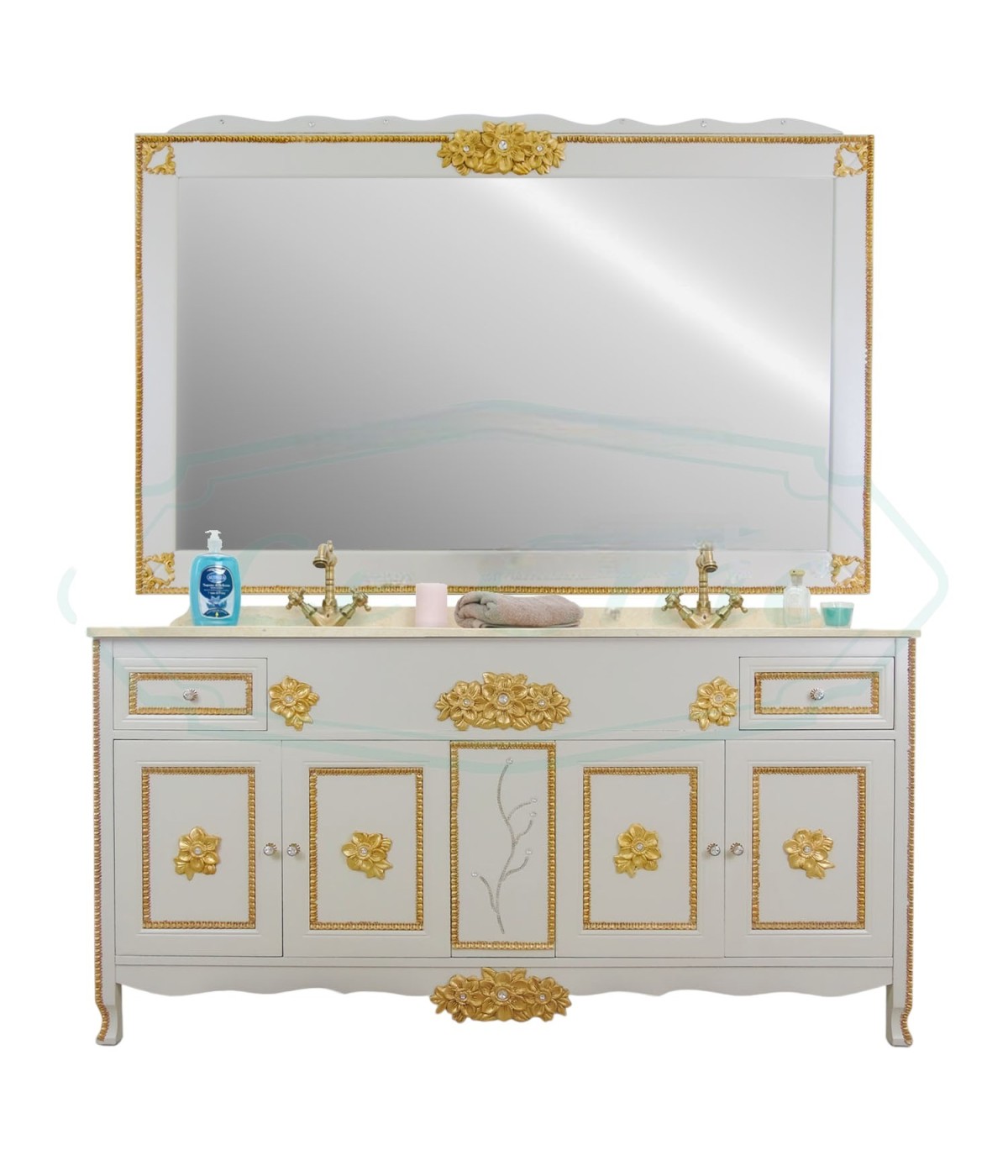 MOBILI 2G - MOBILE BAGNO DOPPIA VASCA LEGNO BAROCCO SHABBY ORO L.180 P.61 VISTA FRONTALE