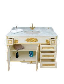 MOBILI 2G - MOBILE BAGNO LEGNO BAROCCO DECAPE' AVORIO ORO L.120 P.60 VISTA APERTURA CASSETTI E PORTE