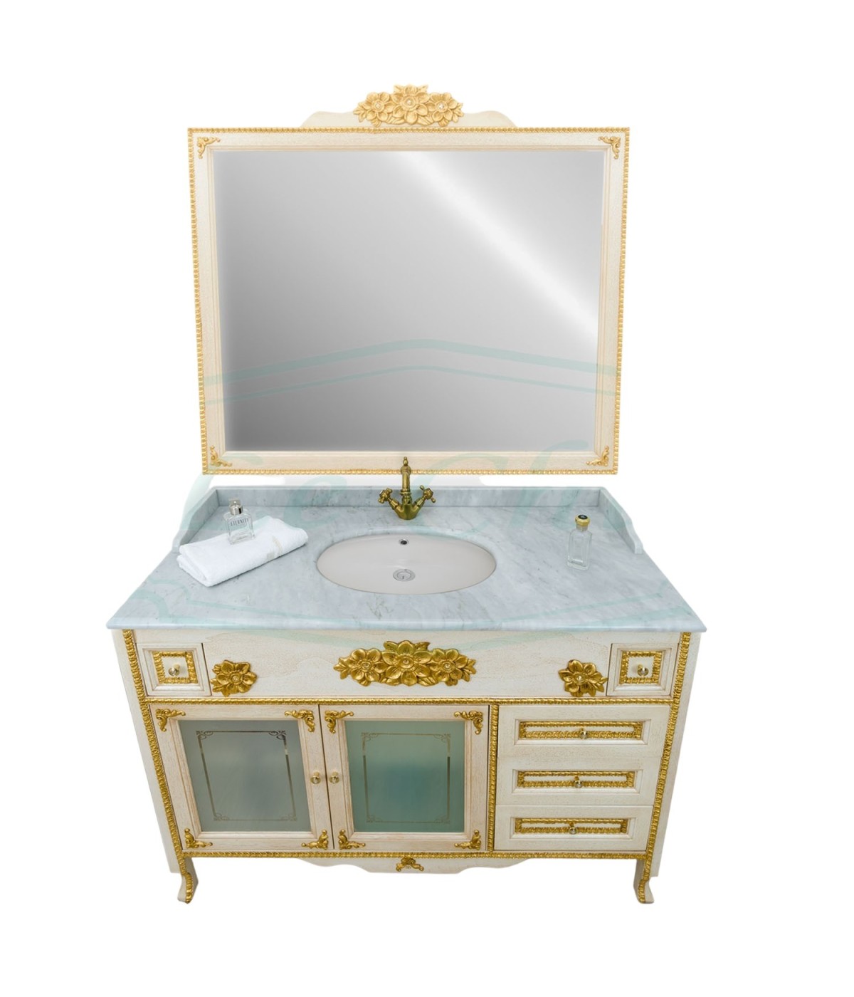 MOBILI 2G - MOBILE BAGNO LEGNO BAROCCO DECAPE' AVORIO ORO L.160 P.60 VISTA FRONTALE