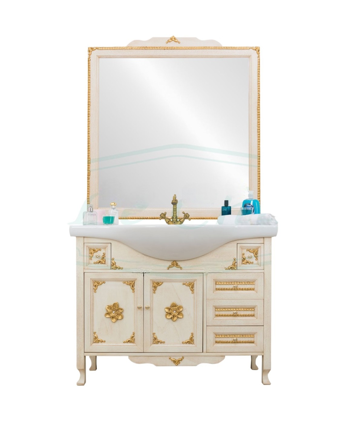 MOBILI 2G - MOBILE BAGNO LEGNO BAROCCO DECAPE' AVORIO ORO L.105 P.50 VISTA FRONTALE