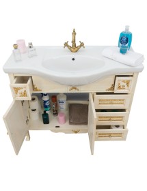 MOBILI 2G - MOBILE BAGNO LEGNO BAROCCO DECAPE' AVORIO ORO L.160 P.60 VISTA APERTURA CASSETTI E PORTE