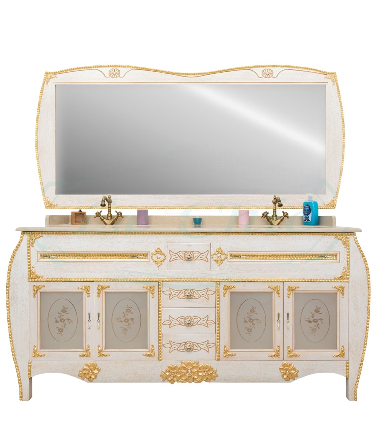 MOBILI 2G - MOBILE BAGNO DOPPIA VASCA BAROCCO DECAPE' AVORIO ORO L.180 P.60 VISTA FRONTALE