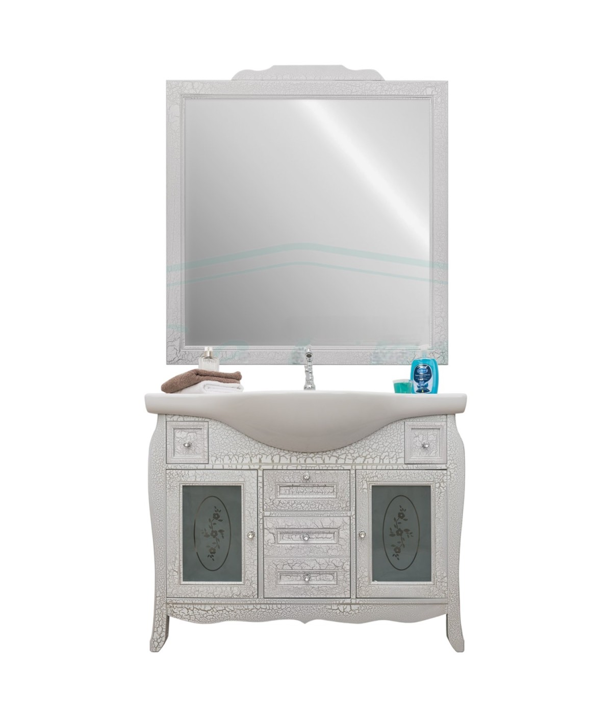 MOBILI 2G - MOBILE BAGNO LEGNO BAROCCO CRACKLE ARGENTO L.105 P.50 IMMAGINE FRONTALE