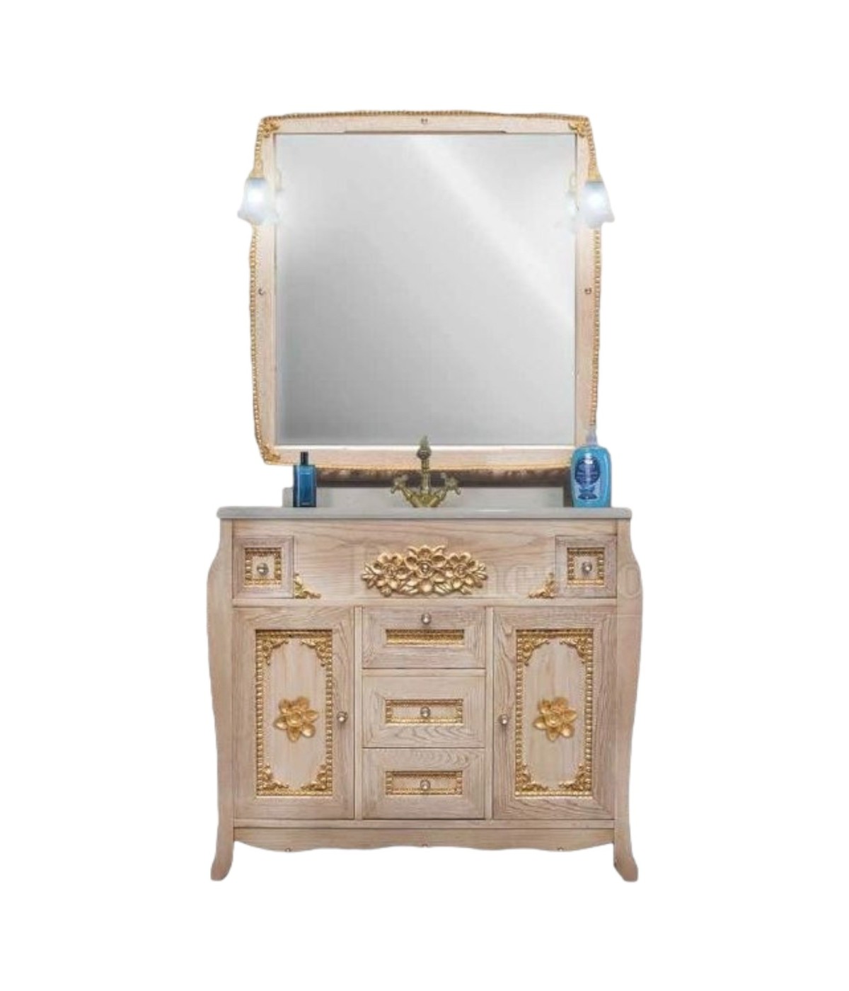 MOBILI 2G - MOBILE BAGNO LEGNO BAROCCO DECAPE' AVORIO ORO L.108 P.58 IMMAGINE FRONTALE