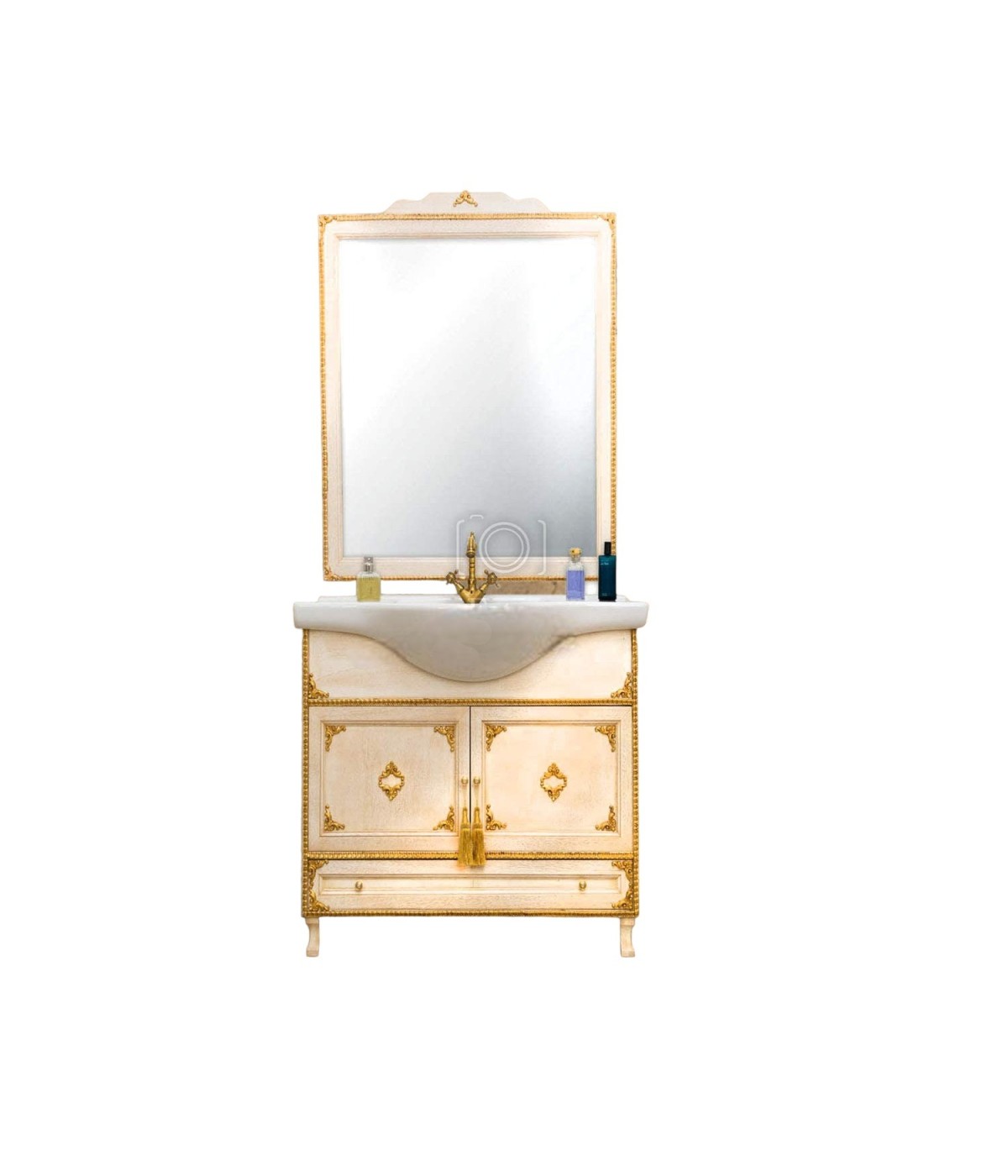 MOBILI 2G - MOBILE BAGNO LEGNO BAROCCO DECAPE' AVORIO ORO L.75 P.50 IMMAGINE FRONTALE
