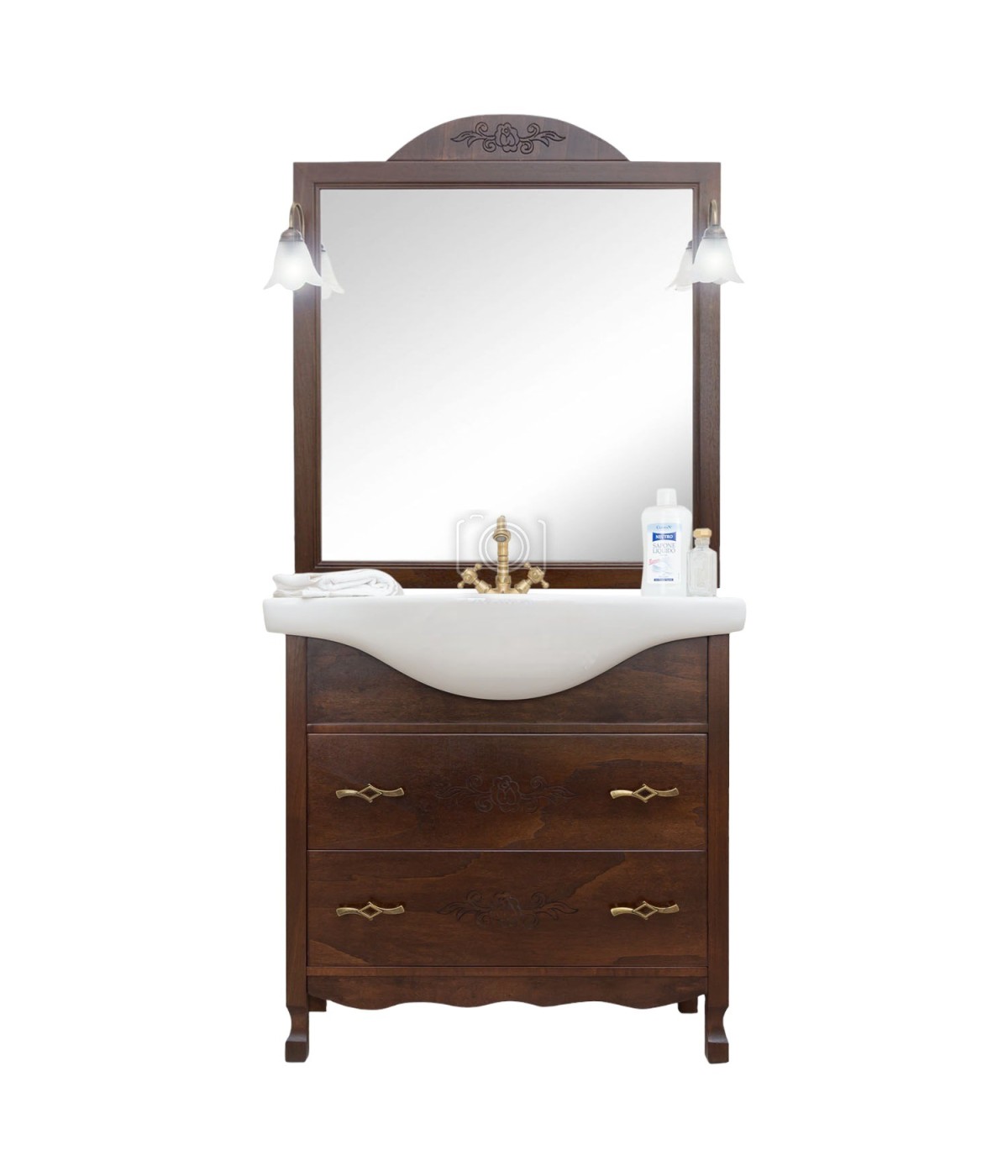 MOBILI 2G - MOBILE BAGNO LEGNO ARTE POVERA TINTA NOCE L.85 P.50 VISTA FRONTALE