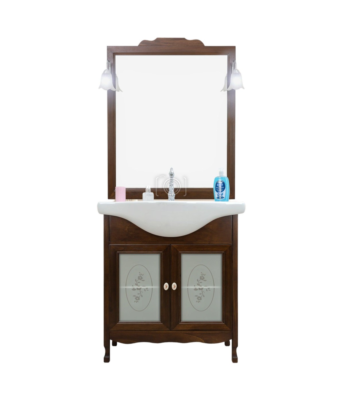 MOBILI 2G - MOBILE BAGNO LEGNO ARTE POVERA TINTA NOCE L.75 P.50 VISTA FRONTALE