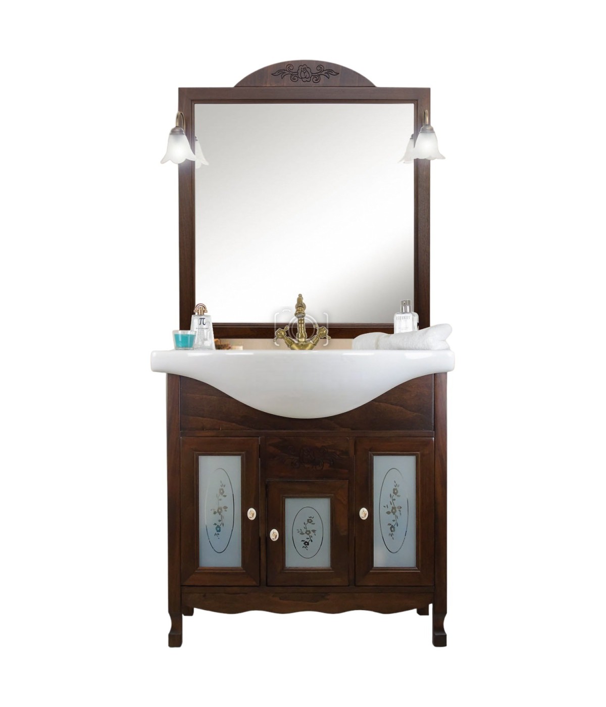 MOBILI 2G - MOBILE BAGNO LEGNO ARTE POVERA TINTA NOCE L.85 P.50 VISTA FRONTALE