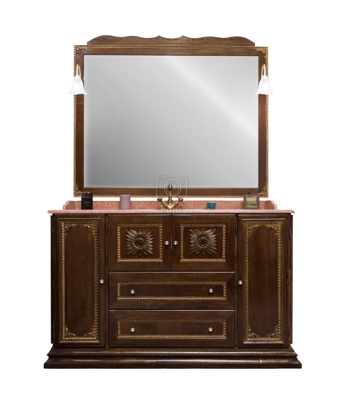 MOBILI 2G - MOBILE BAGNO LEGNO CLASSICO MARMO ROSA  L.130 P.64 VISTA FRONTALE