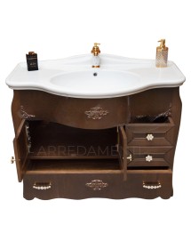 MOBILI 2G - MOBILE BAGNO LEGNO BAROCCO TINTA NOCE L.110 P.60 VISTA APERTURA CASSETTI