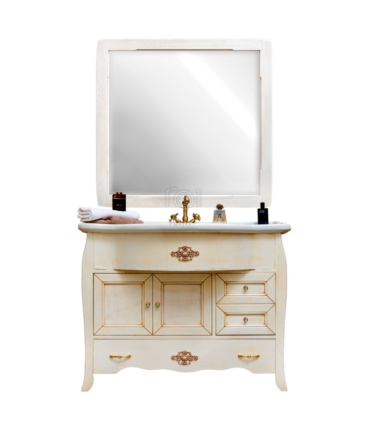 MOBILI 2G - MOBILE BAGNO LEGNO BAROCCO AVORIO VINTAGE L.110 P.60 VISTA FRONTALE