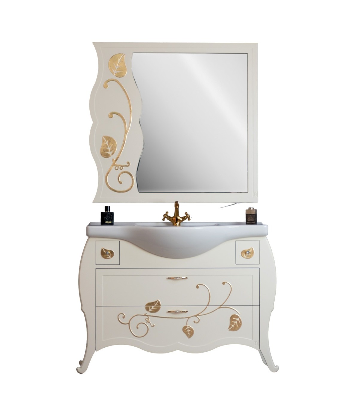 MOBILI 2G - MOBILE BAGNO LEGNO SHABBY AVORIO ORO L.110 P.50 VISTA FRONTALE