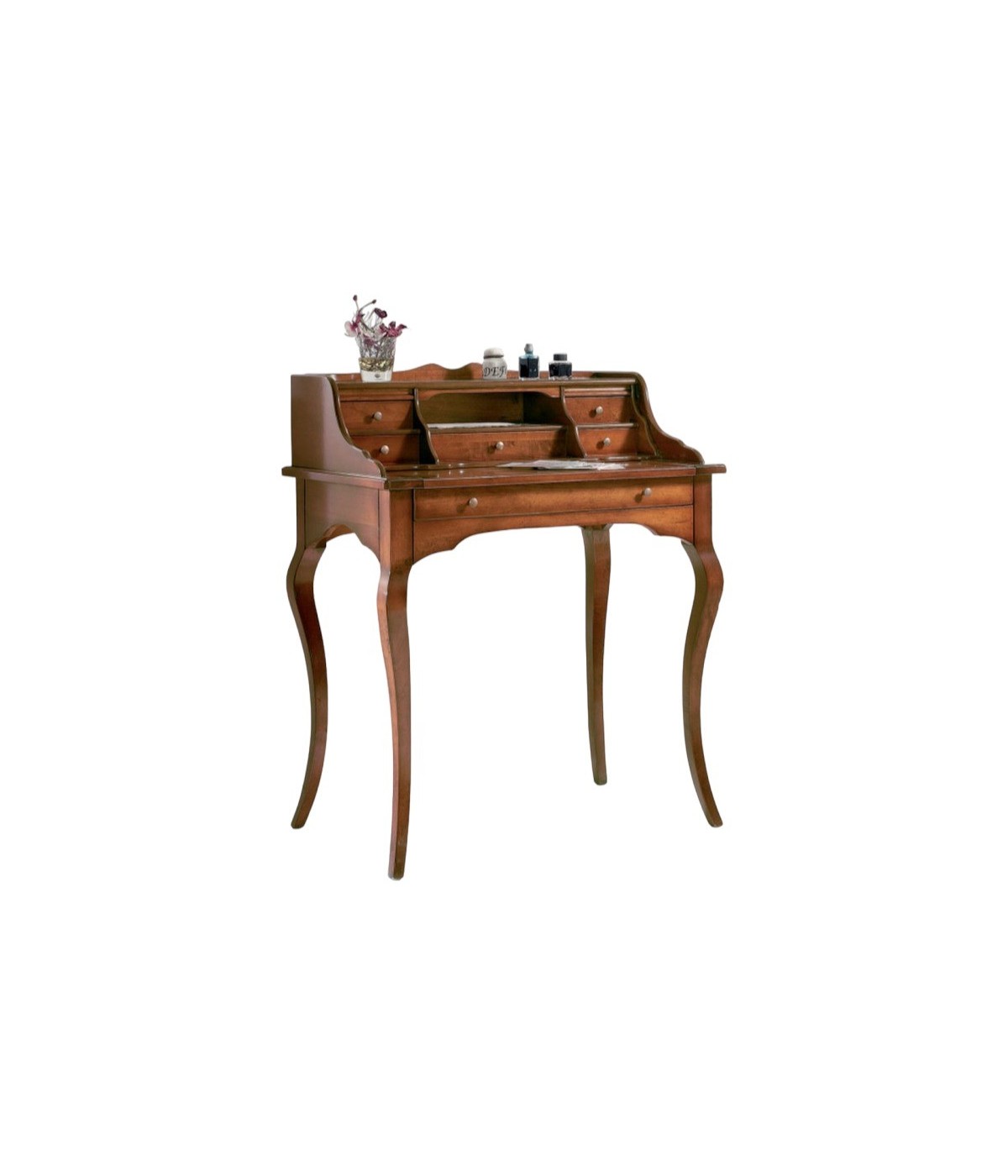 MOBILI 2G - SCRIVANIA IN LEGNO ARTE POVERA 6 CASSETTI TINTA NOCE 78x49x96 vista frontale