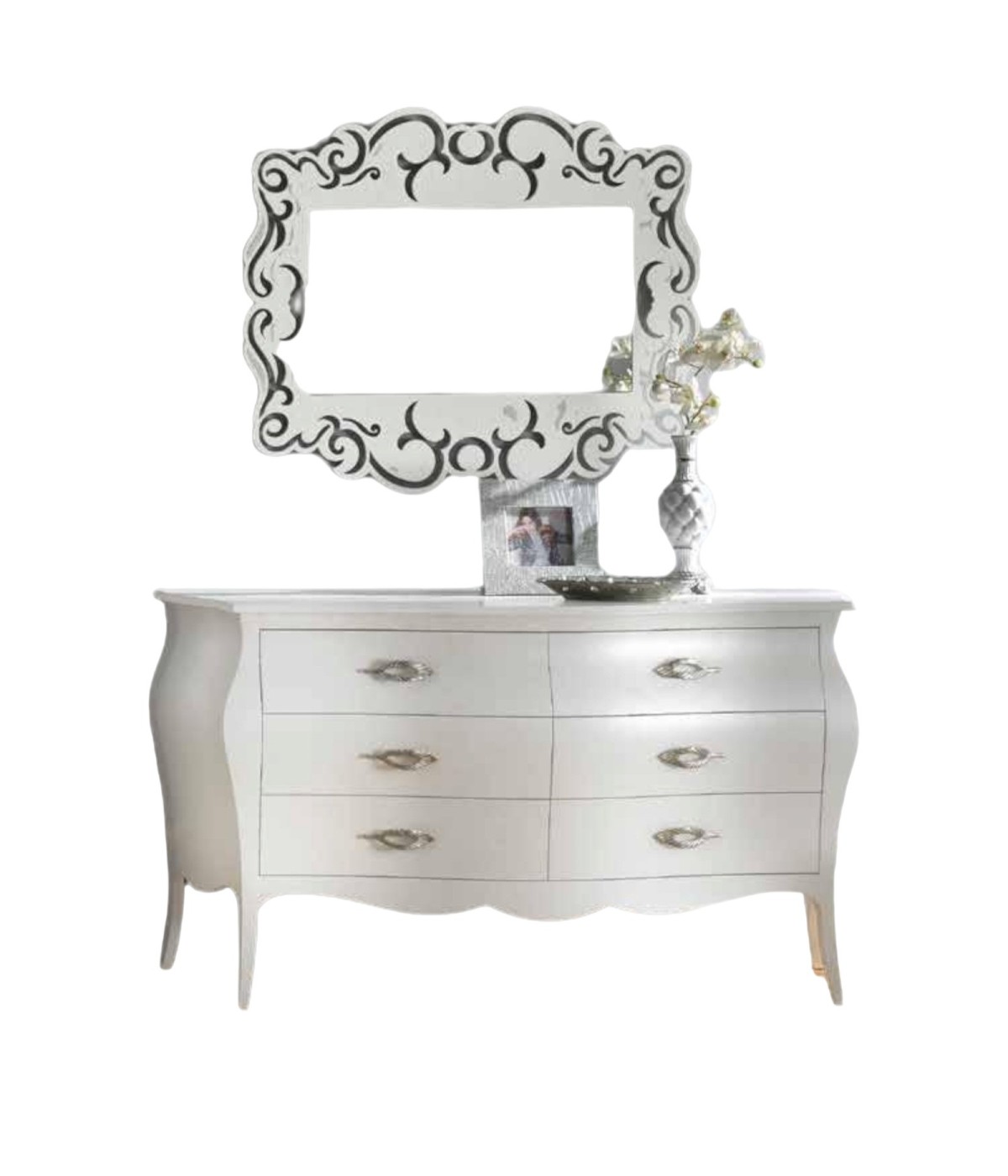 MOBILI 2G - COMÒ BOMBATO CLASSICO 6 CASSETTI SHABBY BIANCO OPACO 162X58X85 vista frontale