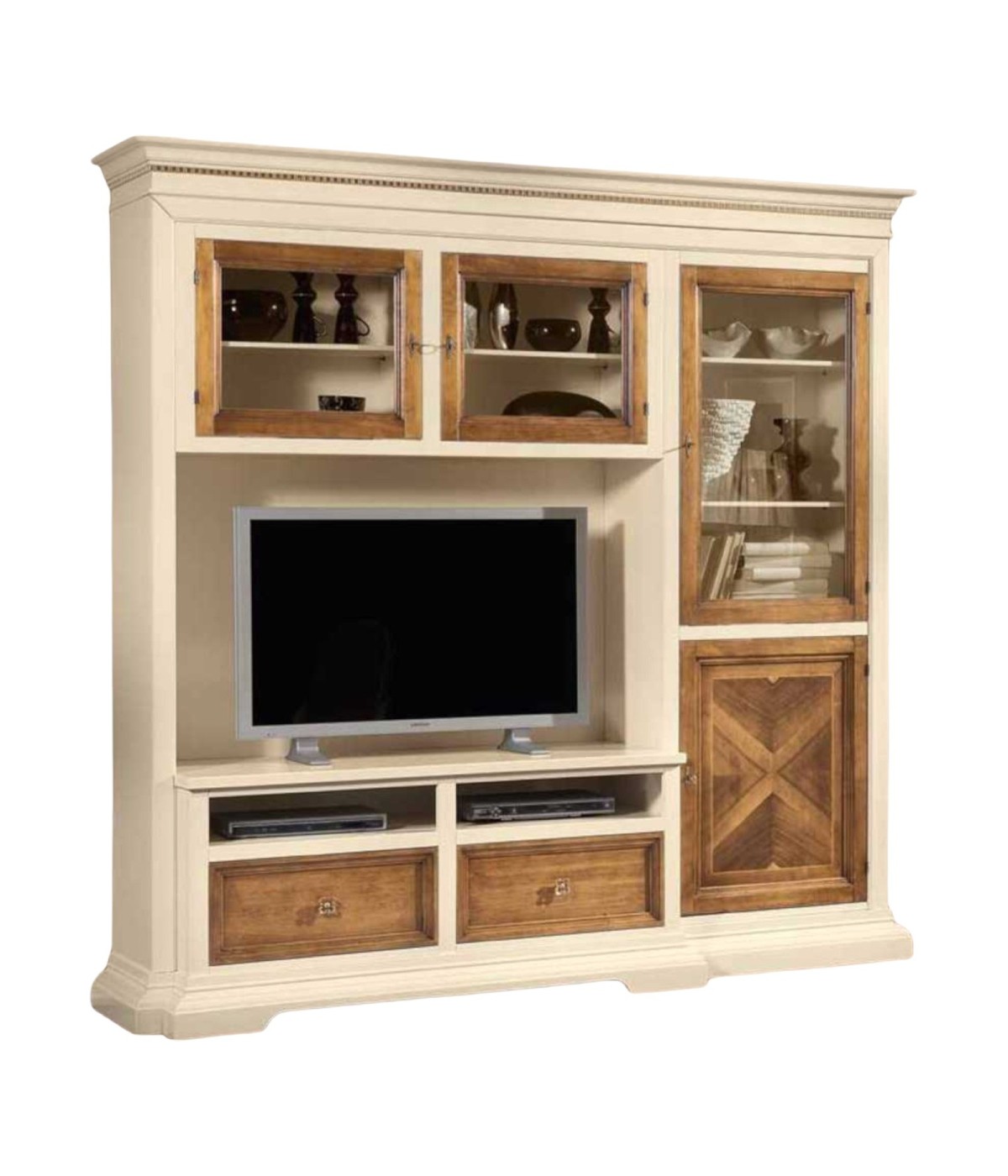 MOBILI 2G - PARETE ATTREZZATA IN LEGNO AVORIO/NOCE L.230 P.57 H. 235 vista frontale