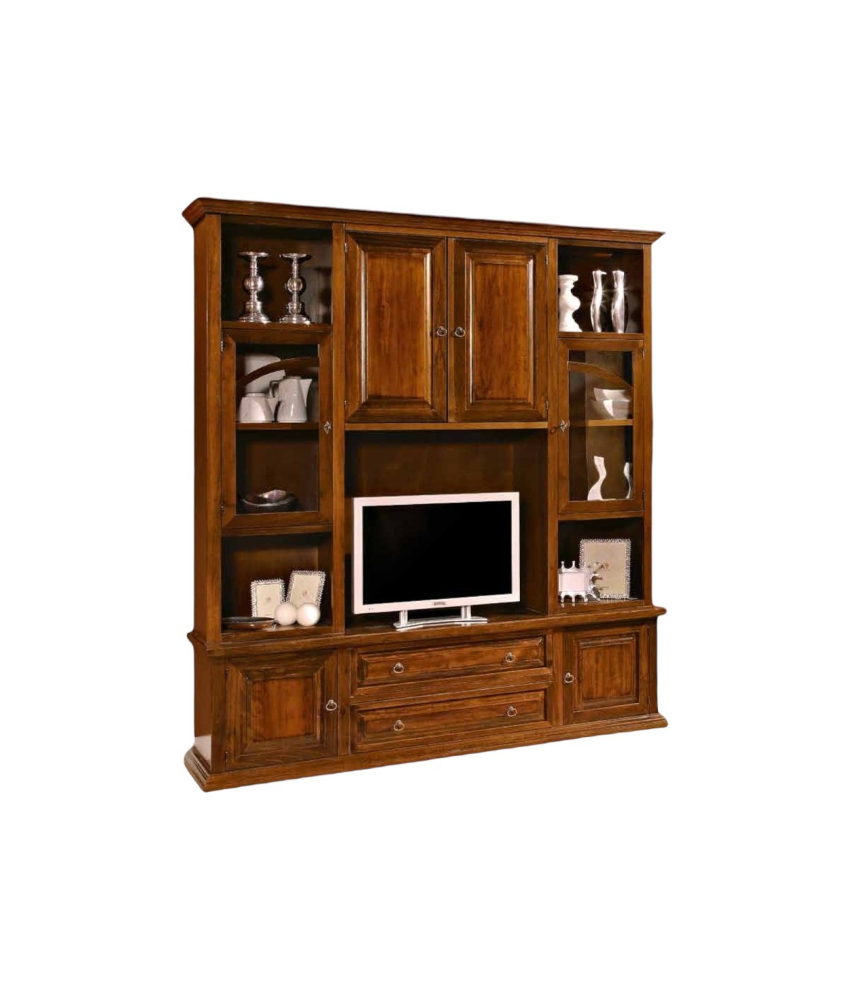 MOBILI 2G - PARETE ATTREZZATA LEGNO ARTE POVERA TINTA NOCE E VARI COLORI 200X49X228 (424) vista frontale