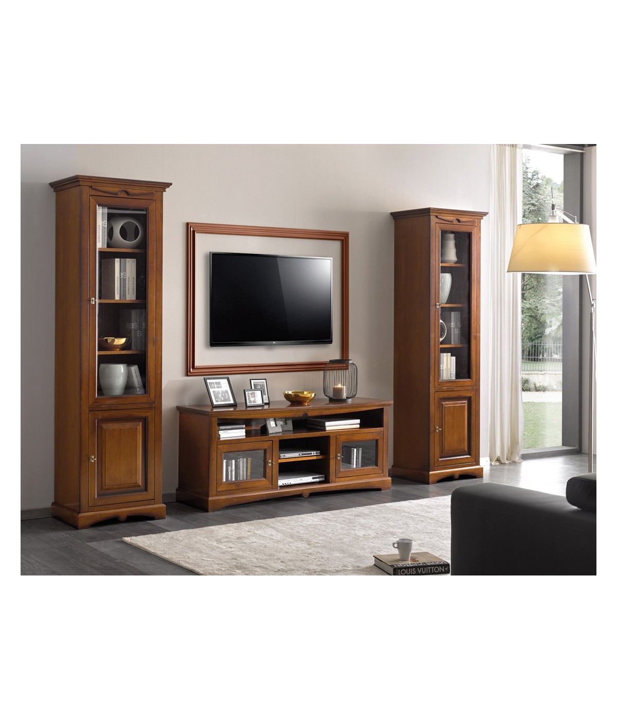 MOBILI 2G - Parete porta tv Soggiorno classica legno tinta noce vista frontale