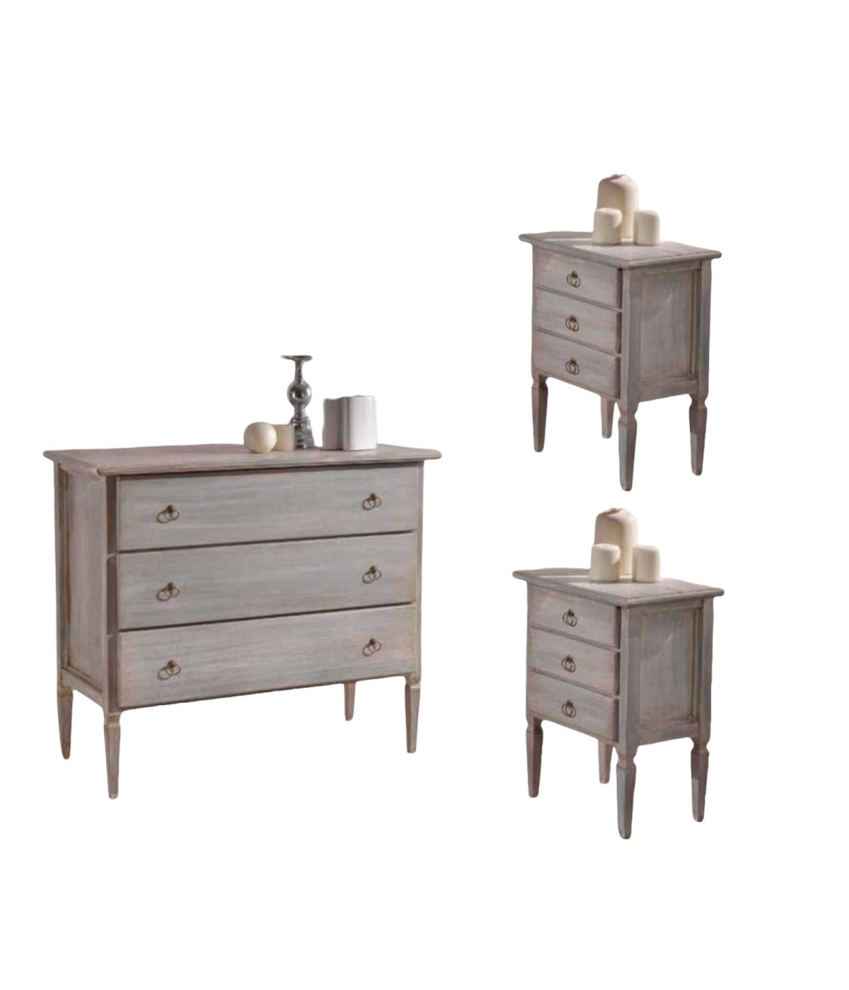 MOBILI 2G - SET 1 COMO' E 2 COMODINI IN LEGNO LACCATO GRIGIO FINITURA CERATO vista comò e comodini