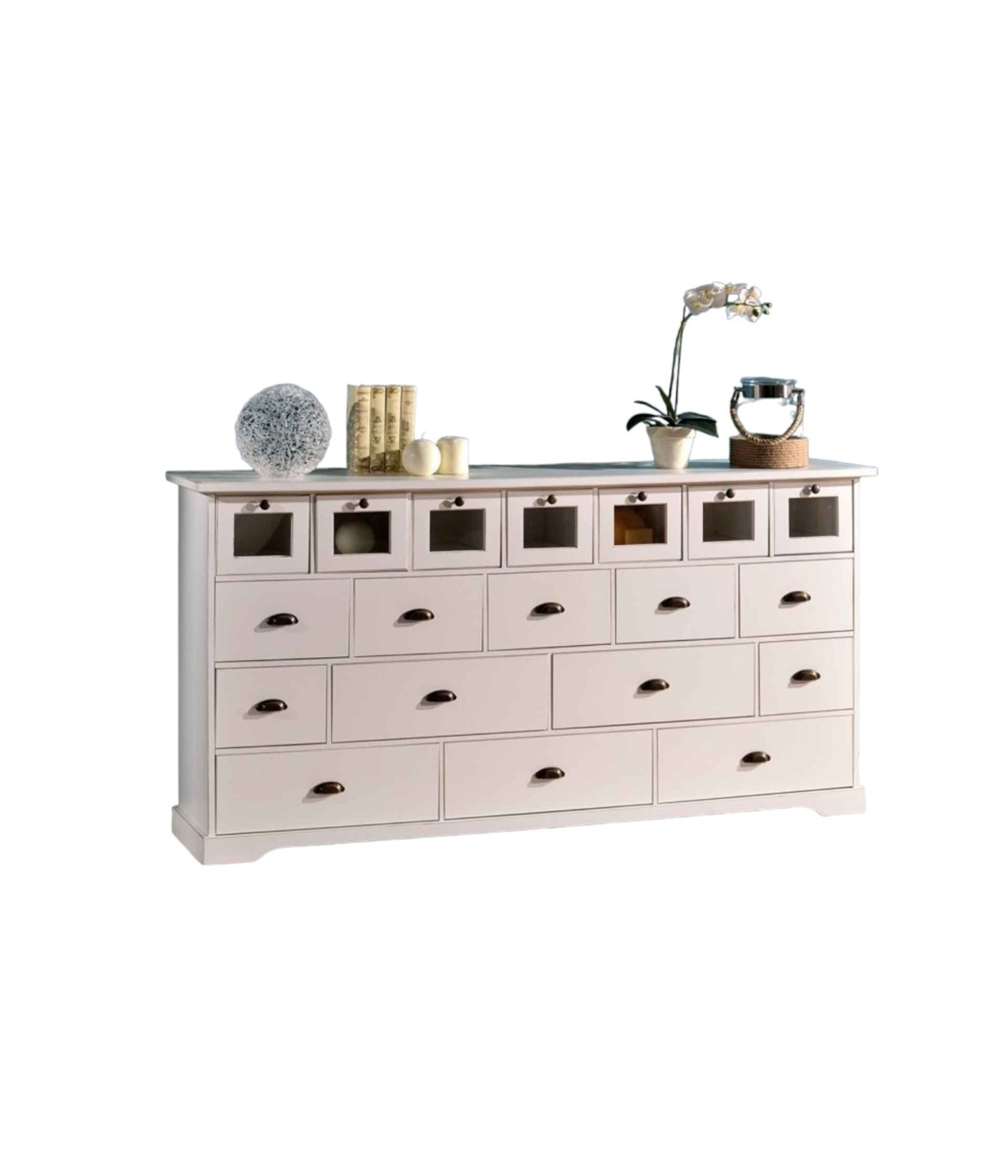 MOBILI 2G - MADIA CREDENZA 12 CASSETTI IN LEGNO BIANCO OPACO L.180 P.40 H.90 vista frontale