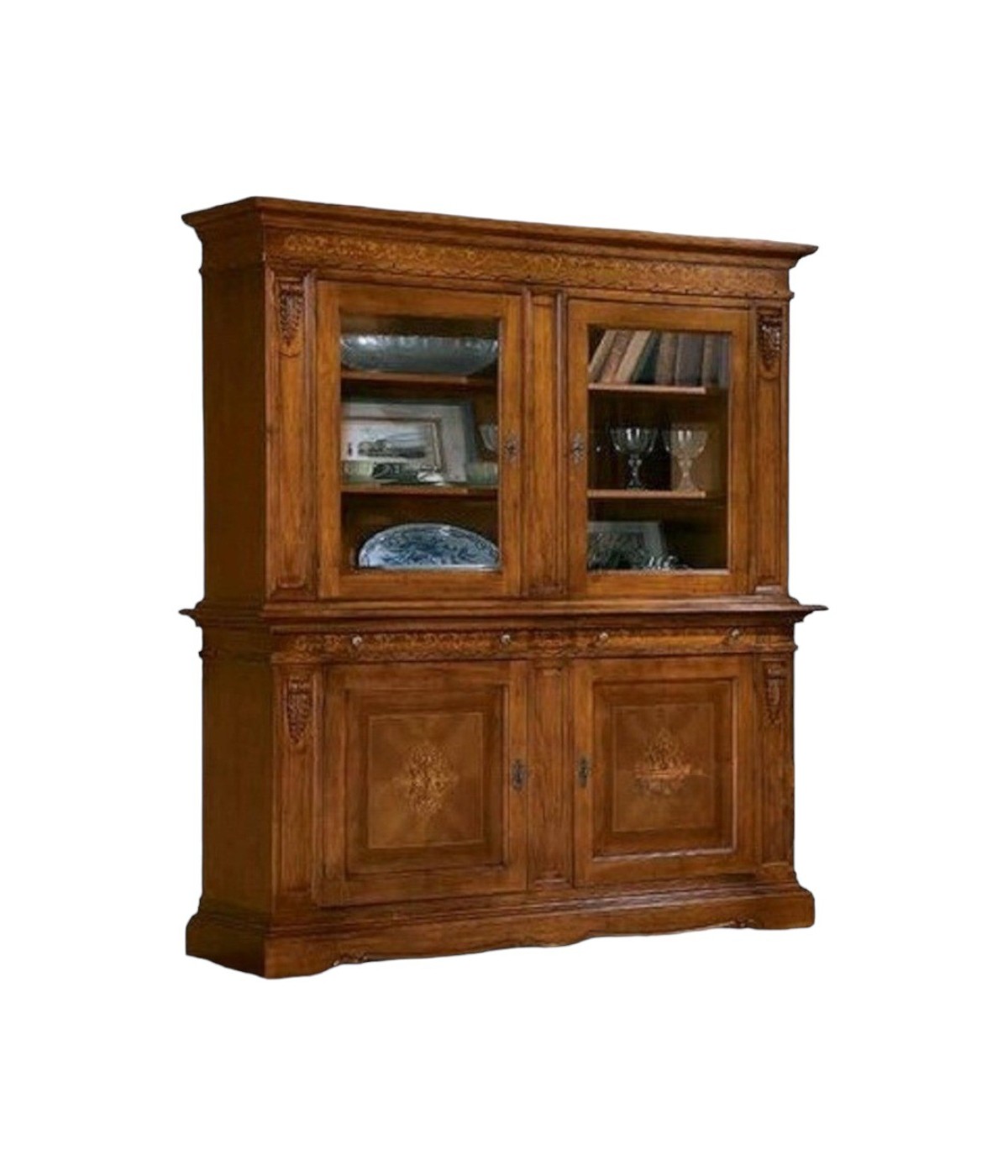 MOBILI 2G - CRISTALLIERA 4 PORTE TINTA NOCE IN LEGNO INTARSI 214X55X230 H.230 VISTA FRONTALE