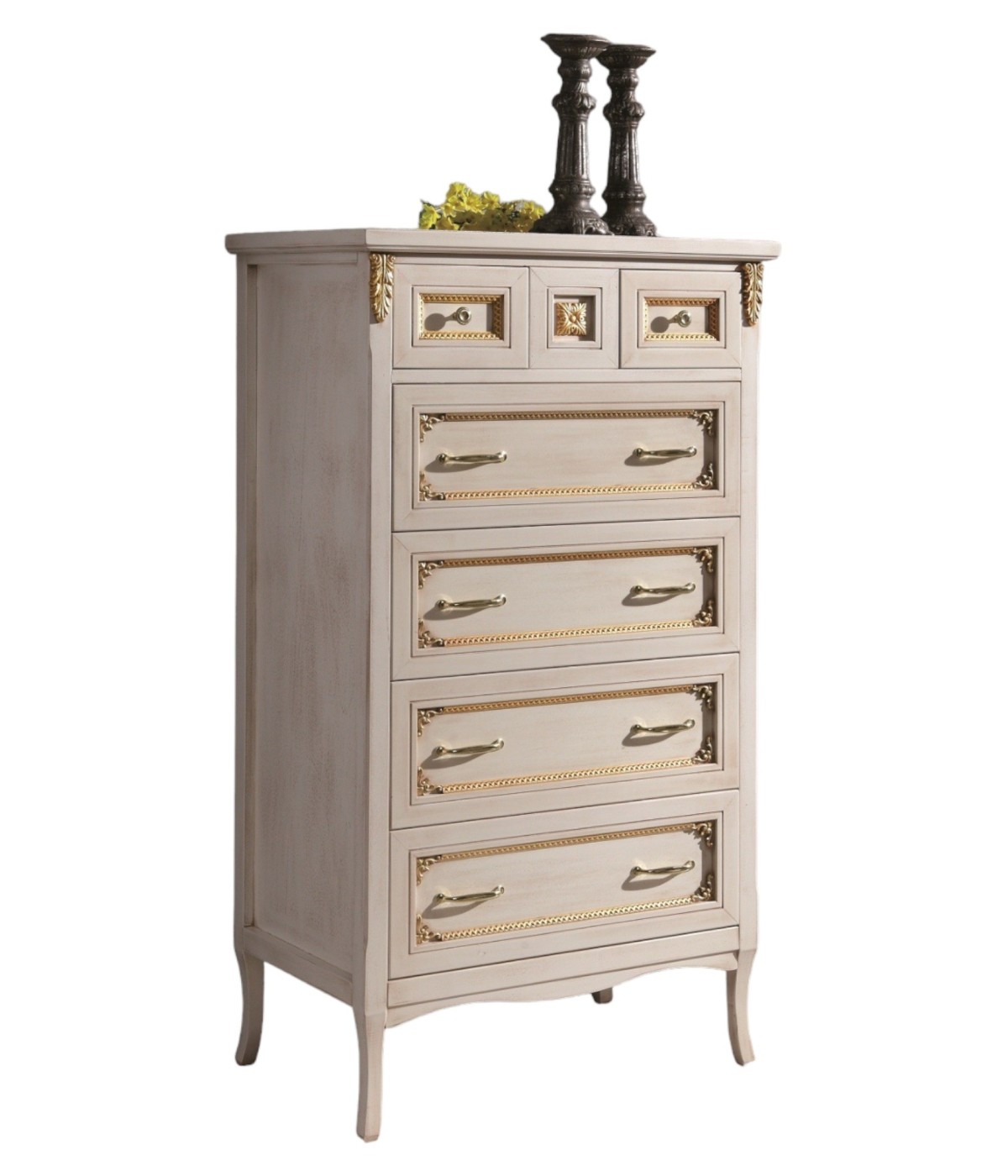 MOBILI 2G - CASSETTIERA CLASSICA LEGNO BIANCO INVECCHIATO ORO 79x50x144 VISTA FRONTALE